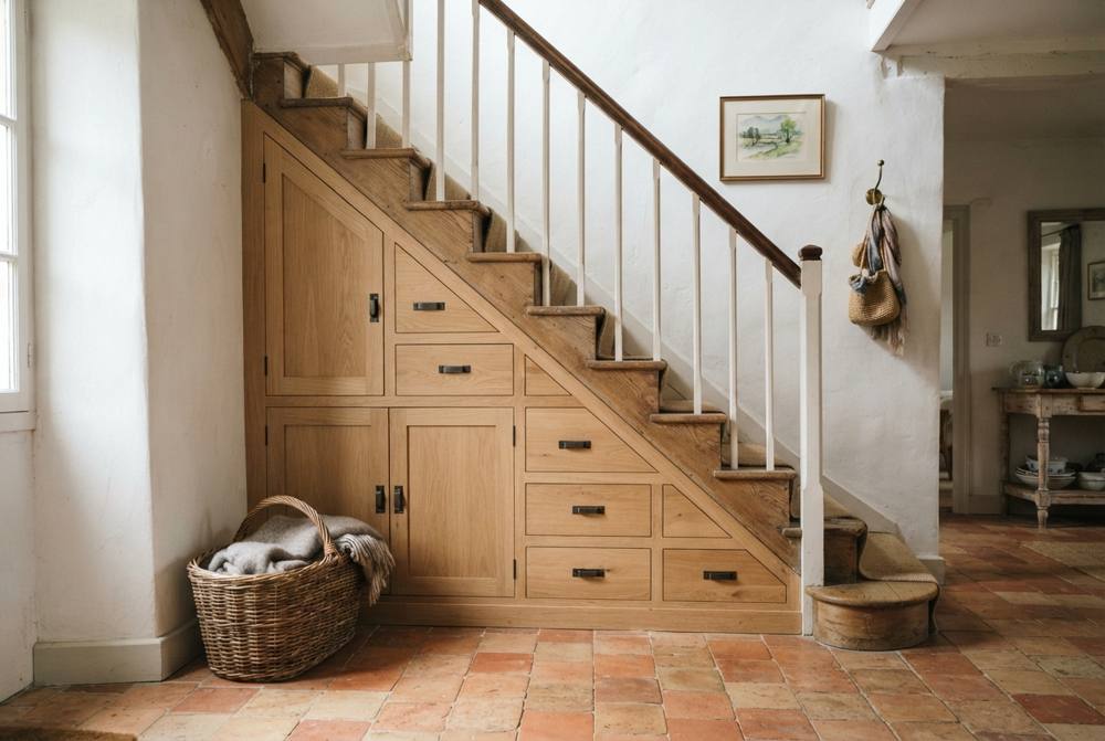 Dessous d'escalier en bois aménagé avec placards et tiroirs en chêne clair qui suivent la pente des marches, sol en tomettes et panier en osier