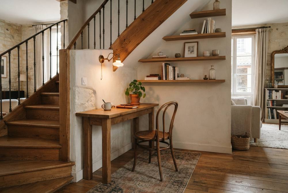 Coin bureau installé sous un escalier en bois avec petite table en bois massif, chaise bistrot, applique murale et étagères flottantes