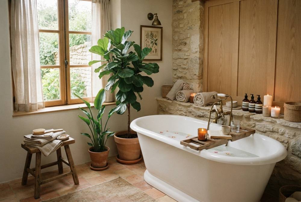 Coin spa dans une salle de bain en pierre avec baignoire îlot blanche, grandes plantes vertes, serviettes roulées et bougies