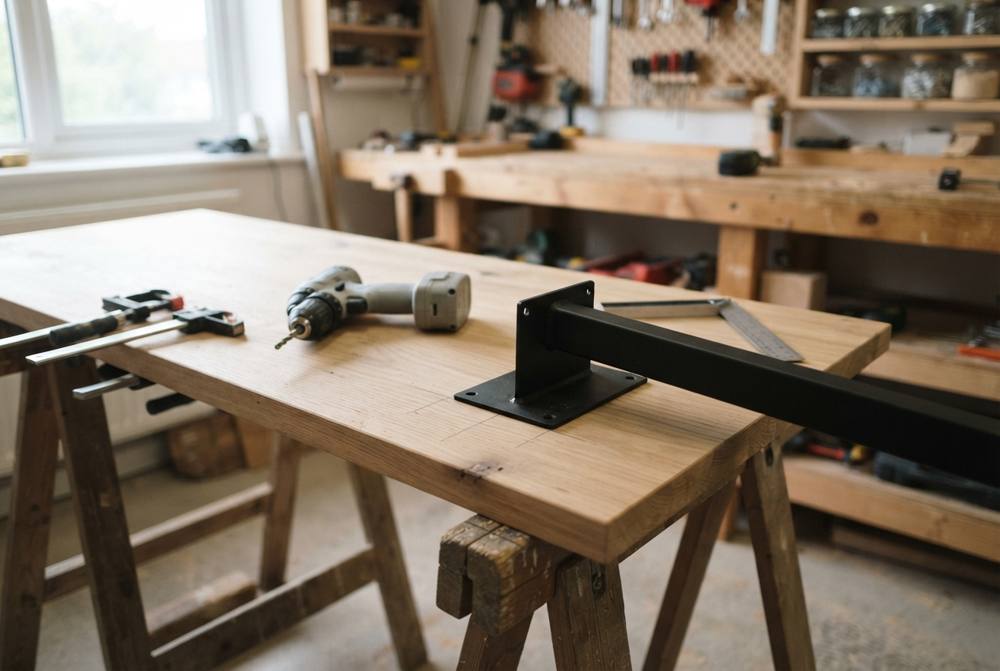 Plan de travail en chêne retourné sur des tréteaux avec un pied de table en acier et sa platine de fixation, perceuse, serre-joints et équerre