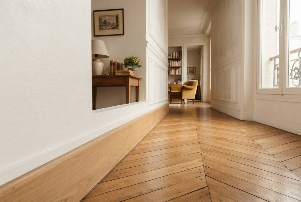 Couloir d'appartement ancien aux murs blancs avec plinthe en chêne clair assortie au parquet en point de Hongrie