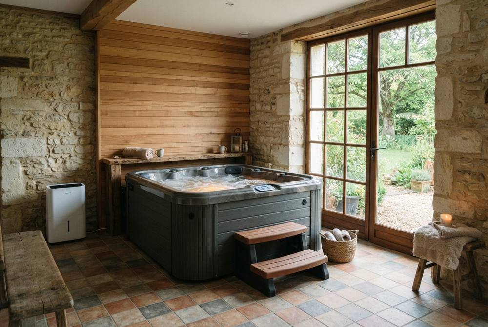Spa rigide installé au rez-de-chaussée d'une maison en pierre, sol carrelé, mur en lambris de bois et déshumidificateur posé dans l'angle