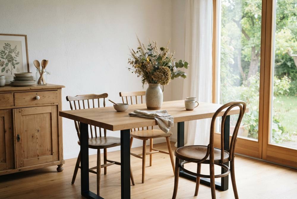 Table à manger fabriquée avec un plan de travail en chêne massif sur pieds en acier noir, entourée de chaises en bois dépareillées près d'une baie vitrée